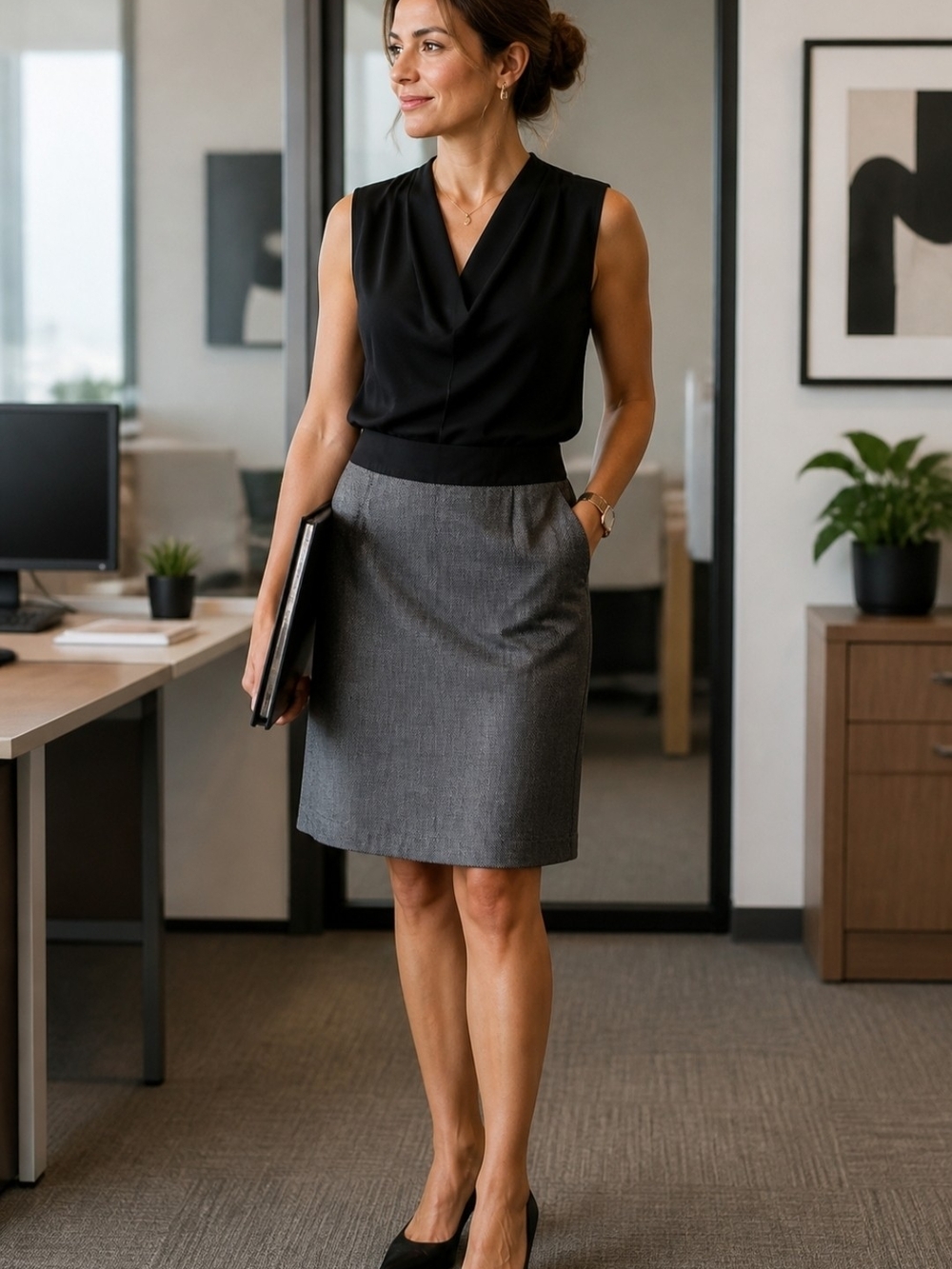 Gray Worthington Pencil Skirt with Black Waistband and Faux Back Pockets.‎ Sz 8.